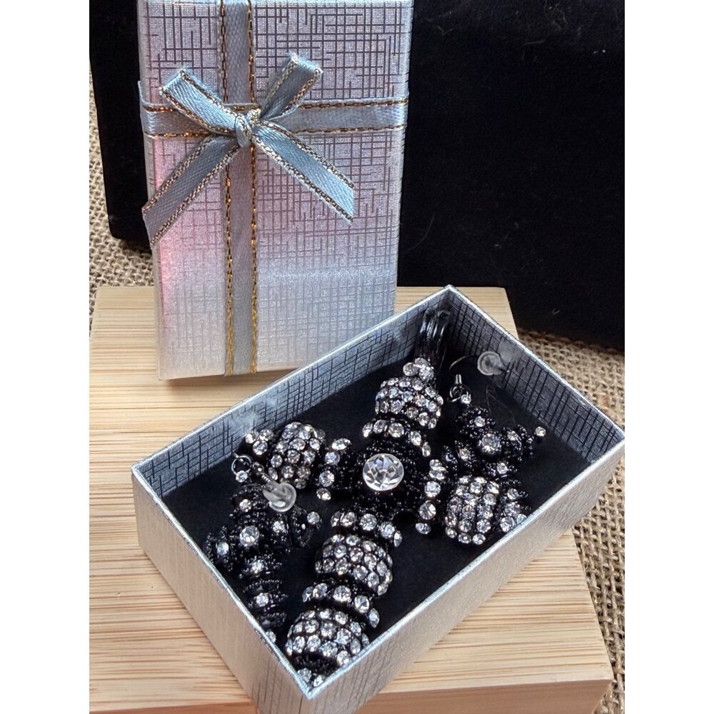 Black & Silver Crystal Cross Pendant Necklace & Earrings Set In Gift Box